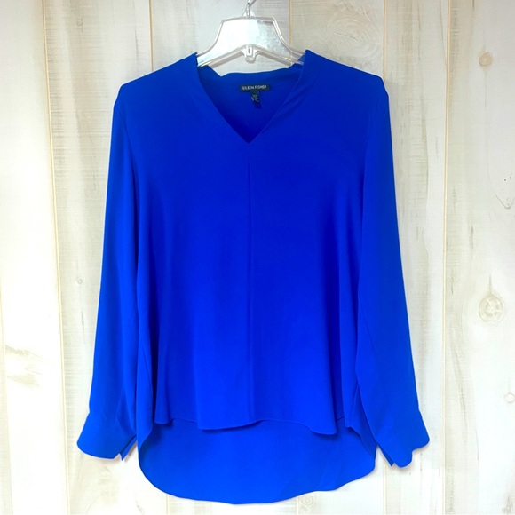 Eileen Fisher Tops - Eileen Fisher Blue 100% Silk V Neck Long Sleeve Hi Low Blouse Sz XS
